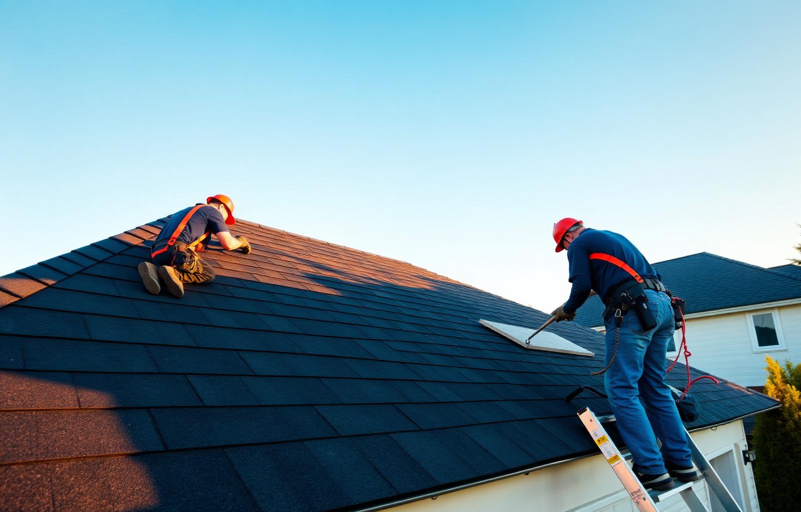 Roofers installing fresh architectural shingles on a home